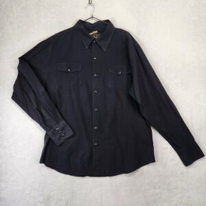 Machine Mens‎ XL Vintage Y2K Pearl Snap Shirt Black Graphic Back Long Sleeve